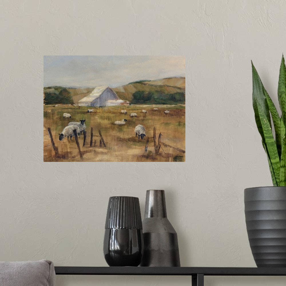 A modern room featuring Contemporary artwork of a flock of sheep near a white barn in low afternoon light.