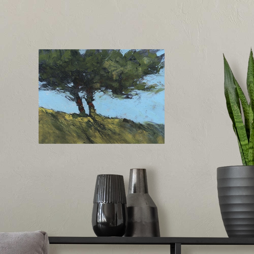 A modern room featuring Contemporary painting of twin trees next to each other on a hill.