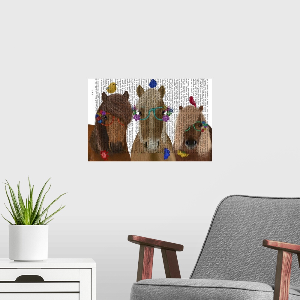A modern room featuring Horse Trio with Flower Glasses