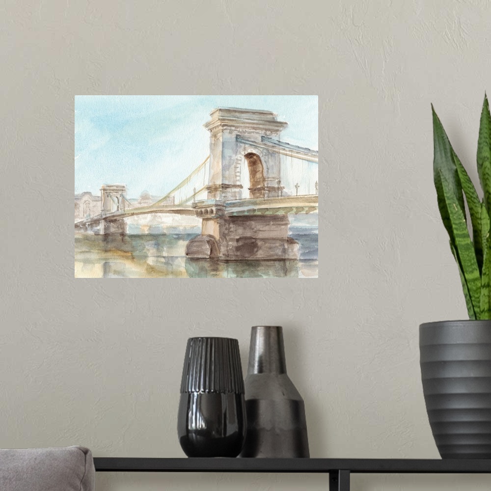 A modern room featuring Iconic Watercolor Bridge I