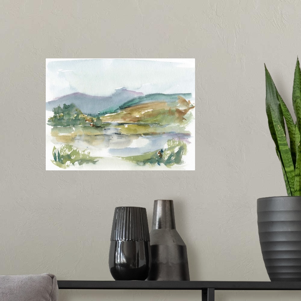 A modern room featuring Semi-abstract watercolor painting of a stream running through a green field.