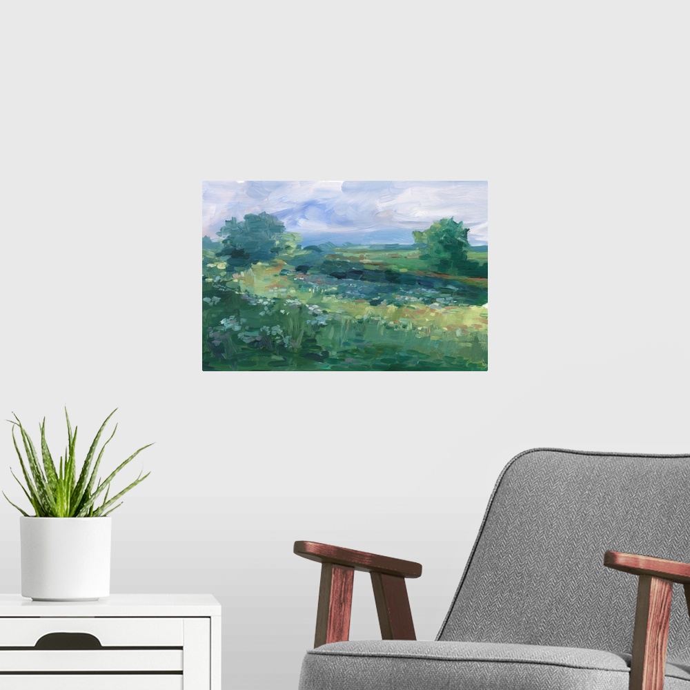 A modern room featuring Impressionist Wildflower Field II