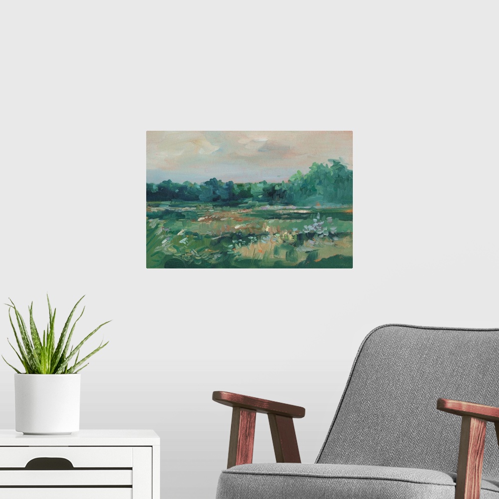 A modern room featuring Impressionist Wildflower Field III