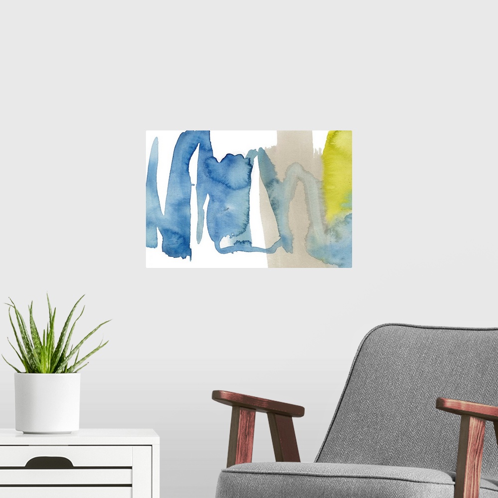 A modern room featuring Horizontal abstract artwork in waves of blue and yellow watercolor.