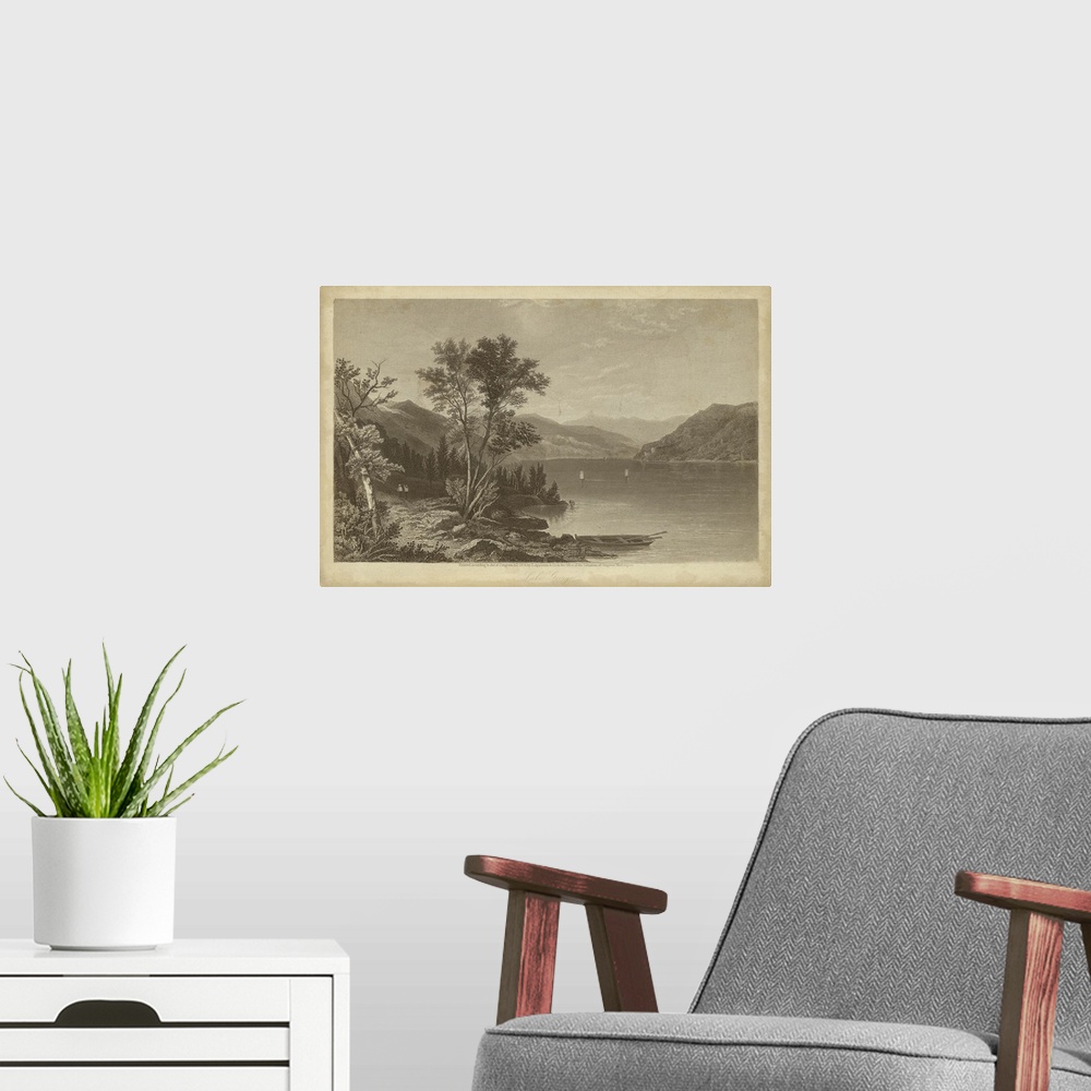 A modern room featuring Vintage artwork created from cross-hatching lines of a lake in sepia.