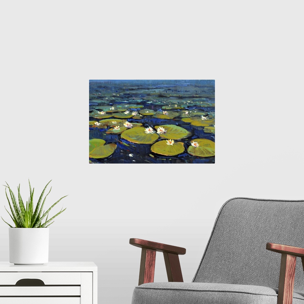 A modern room featuring Contemporary painting of bright green lily pads in a deep blue pond.