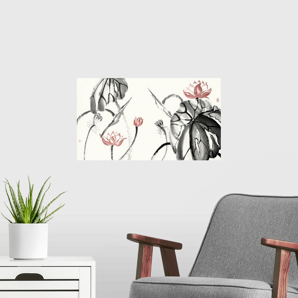 A modern room featuring Illustrations of free formed lotus flowers in black and coral watercolor with red Japanese symbol...