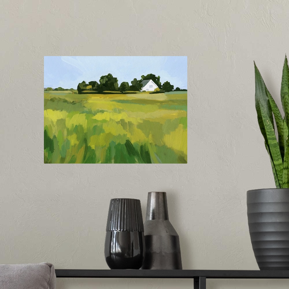 A modern room featuring A simple contemporary painting of a field of tall grasses with a white house in the distance. The...