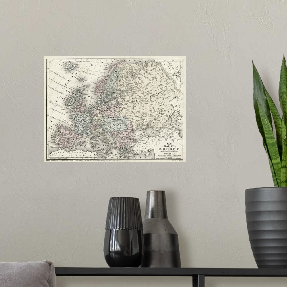 A modern room featuring Mitchell's Map of Europe