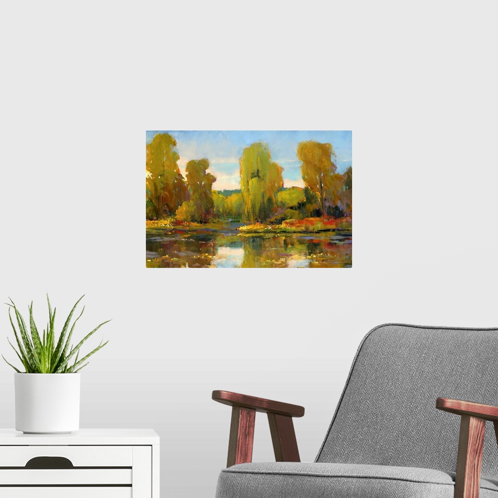 A modern room featuring Monet's Water Lily Pond I