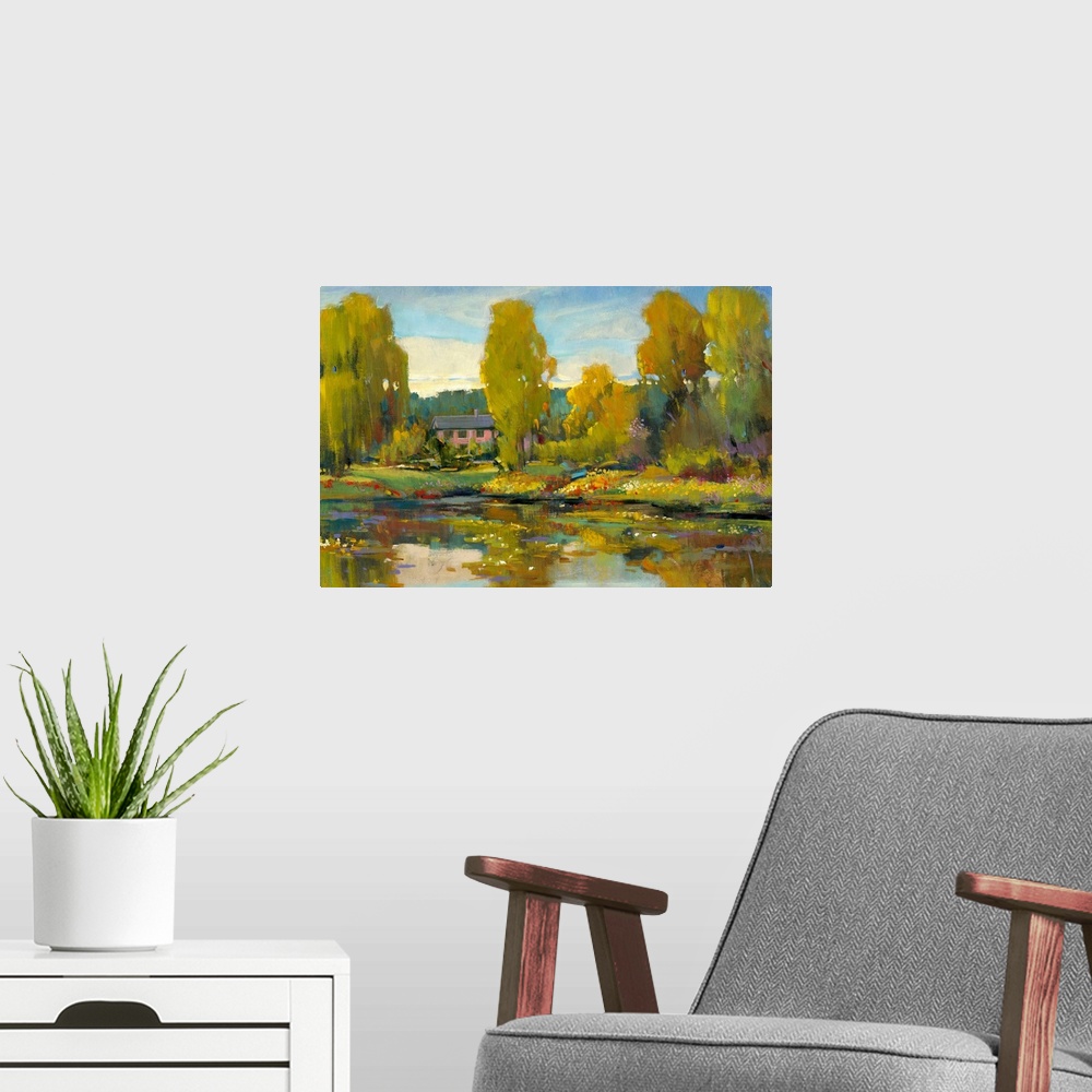 A modern room featuring Monet's Water Lily Pond II