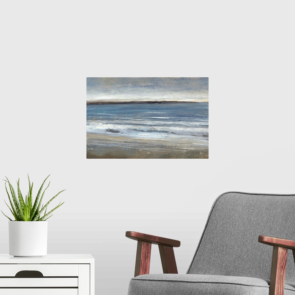 A modern room featuring Contemporary painting of a seascape with small waves.