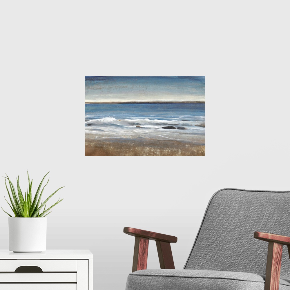 A modern room featuring Contemporary painting of a seascape with small waves.
