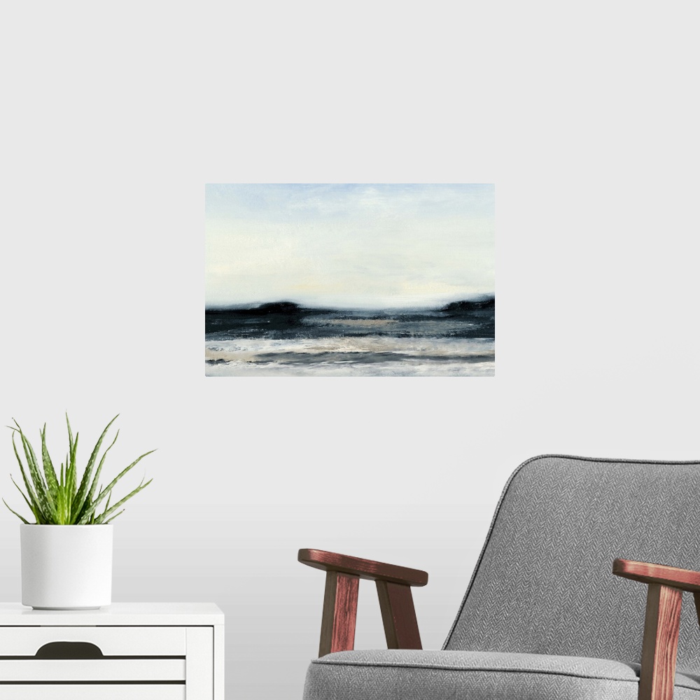 A modern room featuring Abstract seascape painting with dark water under a pale sky.