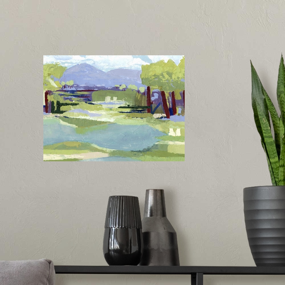 A modern room featuring Contemporary painting of a marshy field with trees.