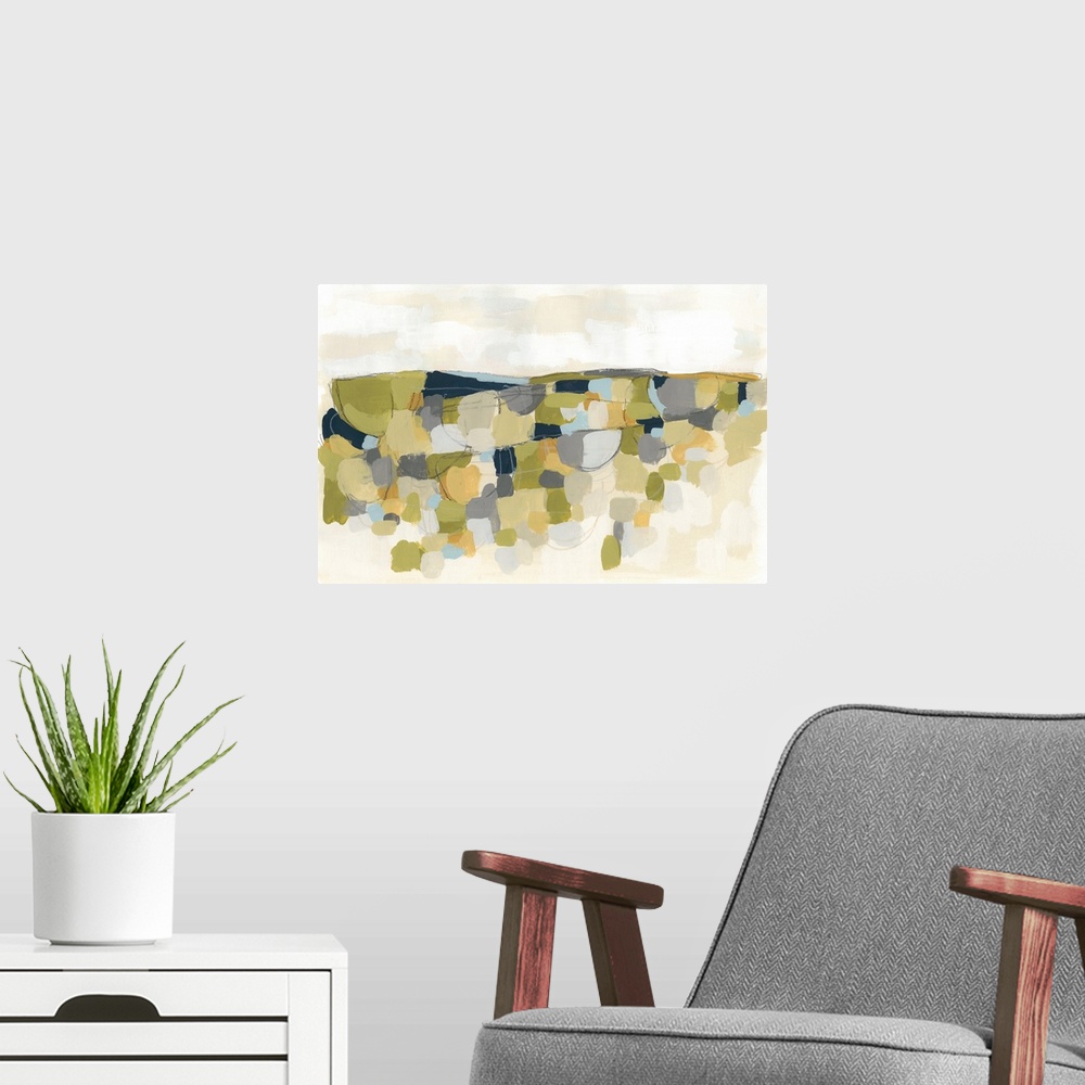 A modern room featuring This contemporary artwork features blocks of yellow, green and blue over a beige landscape.