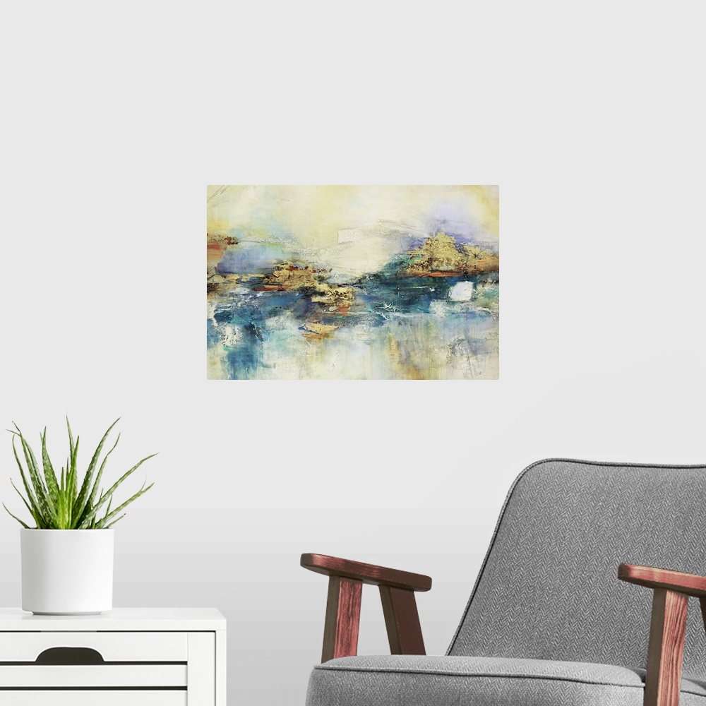 A modern room featuring Thick textured brush strokes in blue and yellow color create this abstract contemporary artwork.