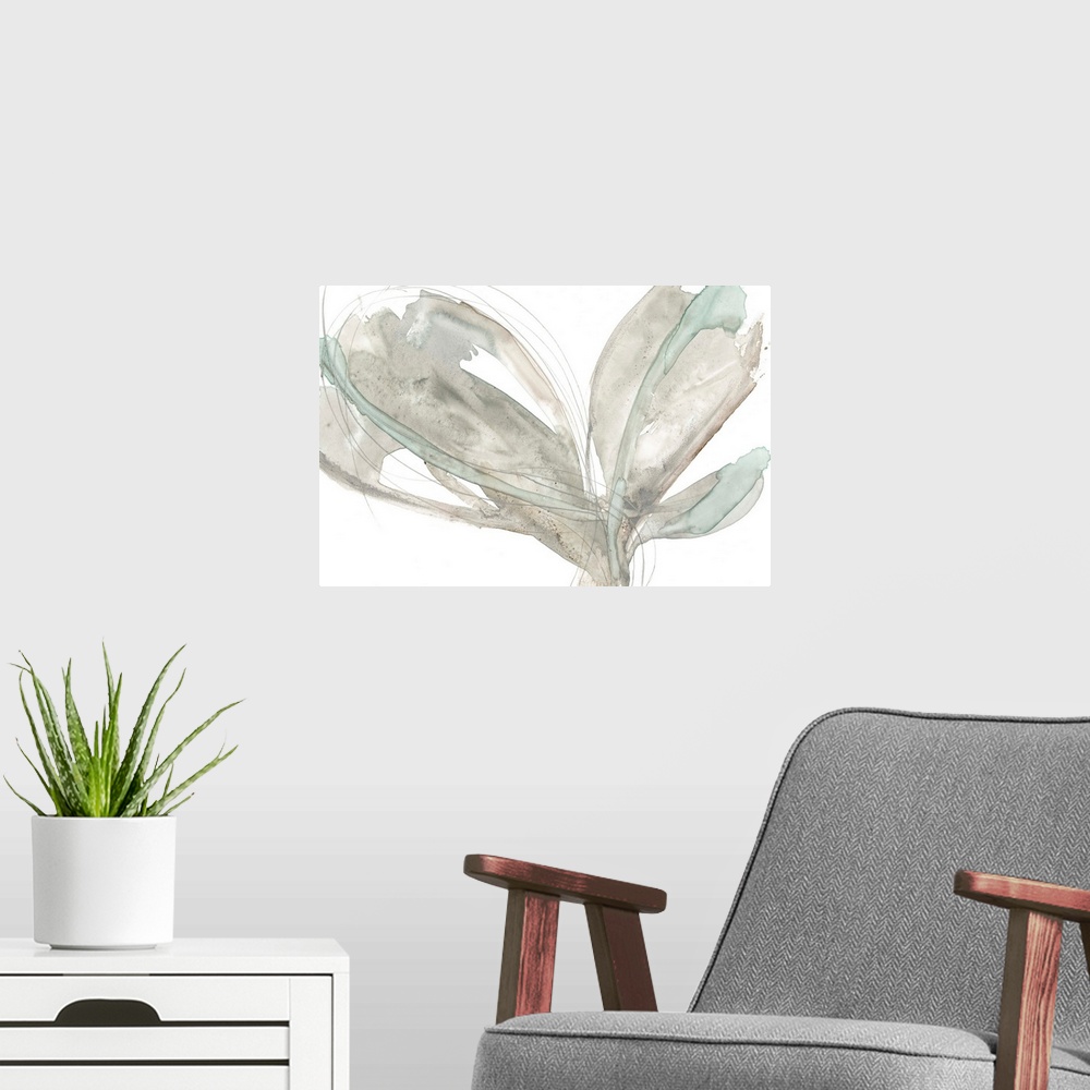 A modern room featuring Contemporary painting of large abstracted flower petals in neutral shades.