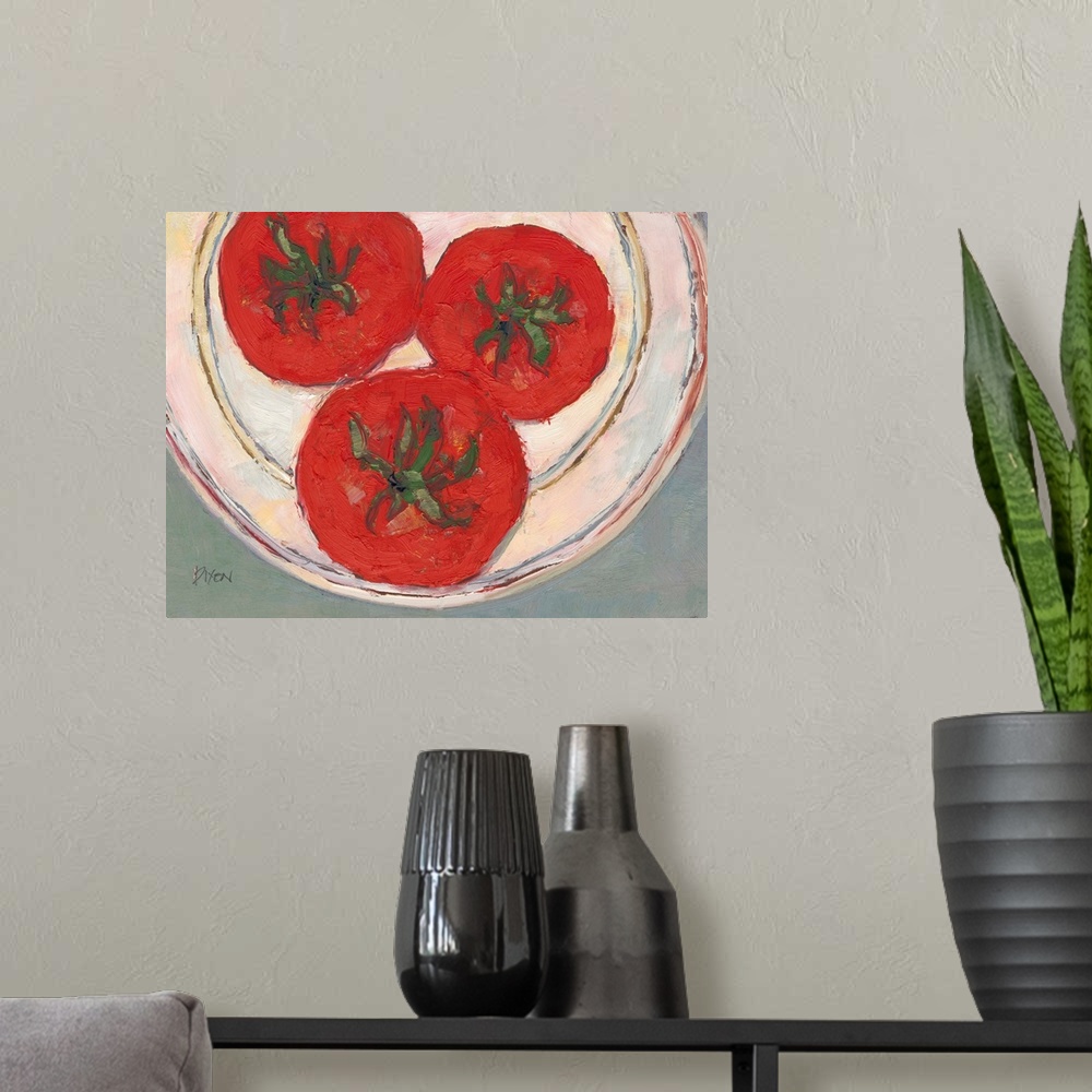 A modern room featuring Painting of a plate of tomatoes, seen from above.