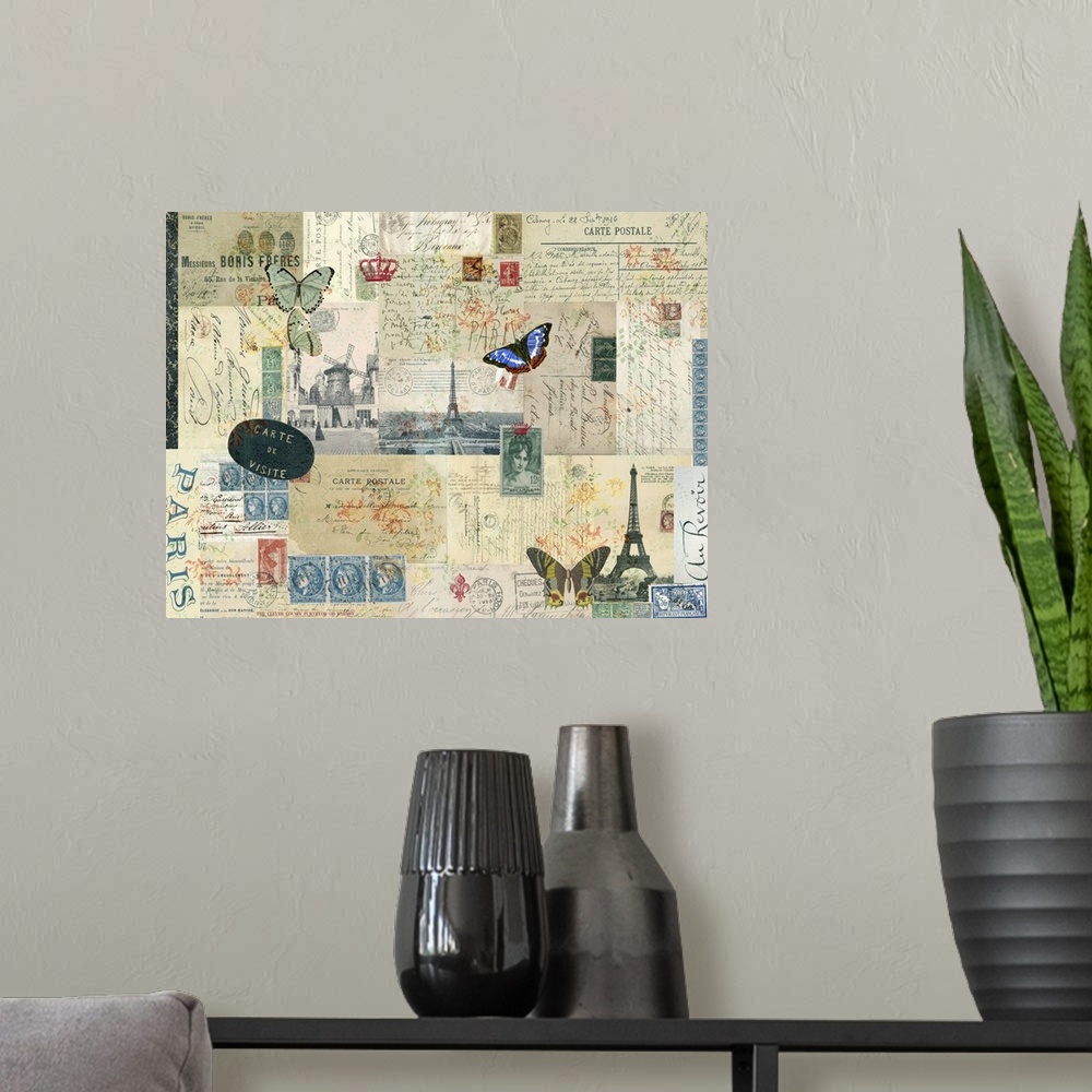 A modern room featuring Collage of various aged French postcards adorned with butterflies and stamps.