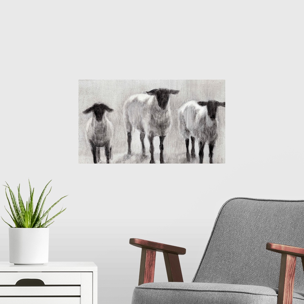 A modern room featuring Monochrome painting of three woolly sheep in a field.