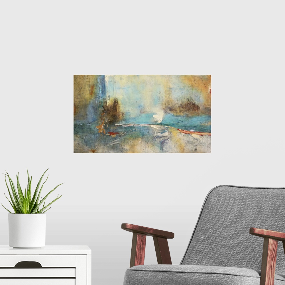 A modern room featuring Thick textured brush strokes in blue, orange, red color create this abstract contemporary artwork.