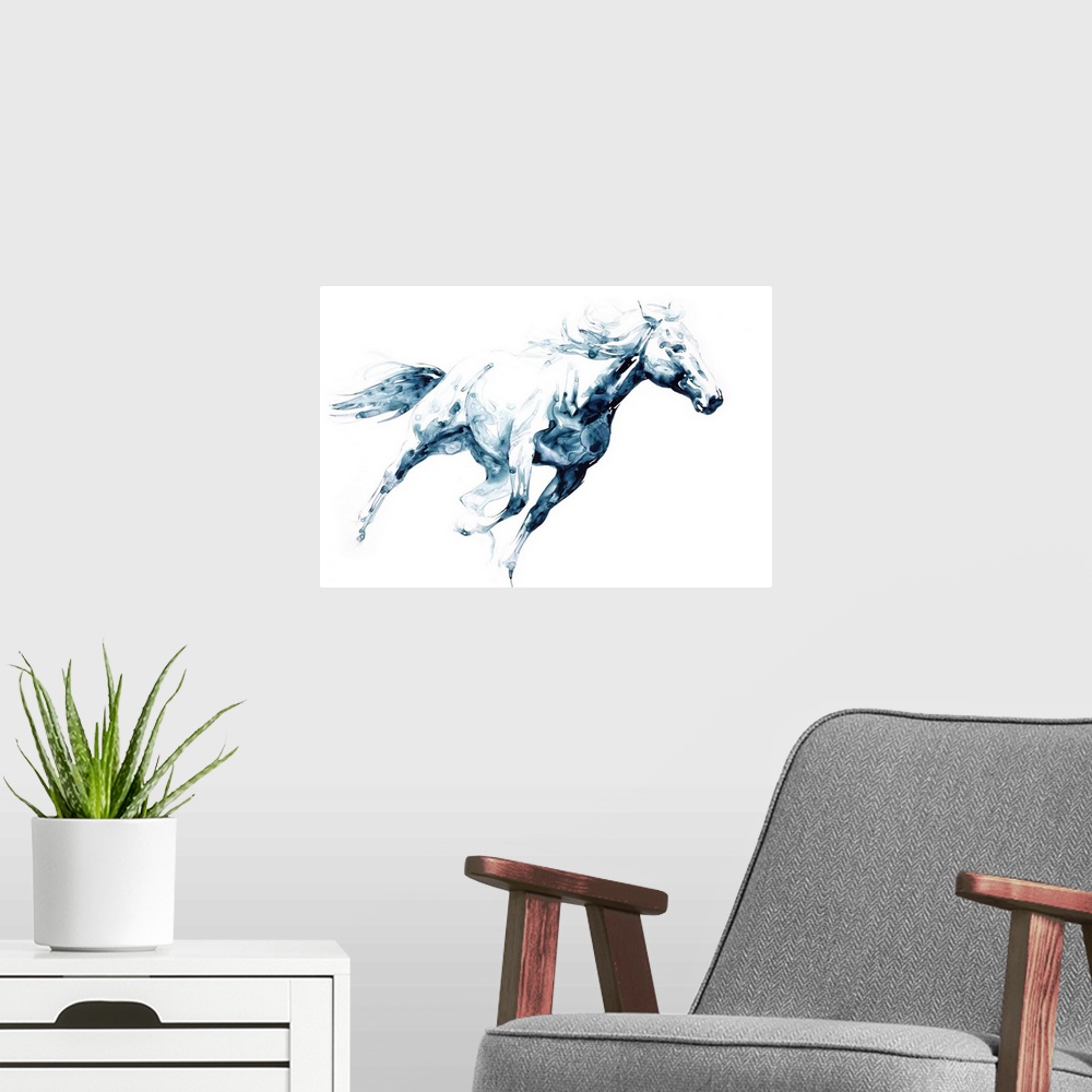 A modern room featuring Watercolor painting of a horse in action created with indigo hues on a white background.