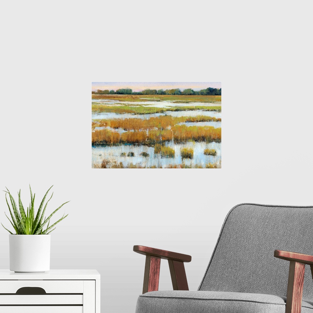 A modern room featuring Abstracted landscape painting of a serene marshland.