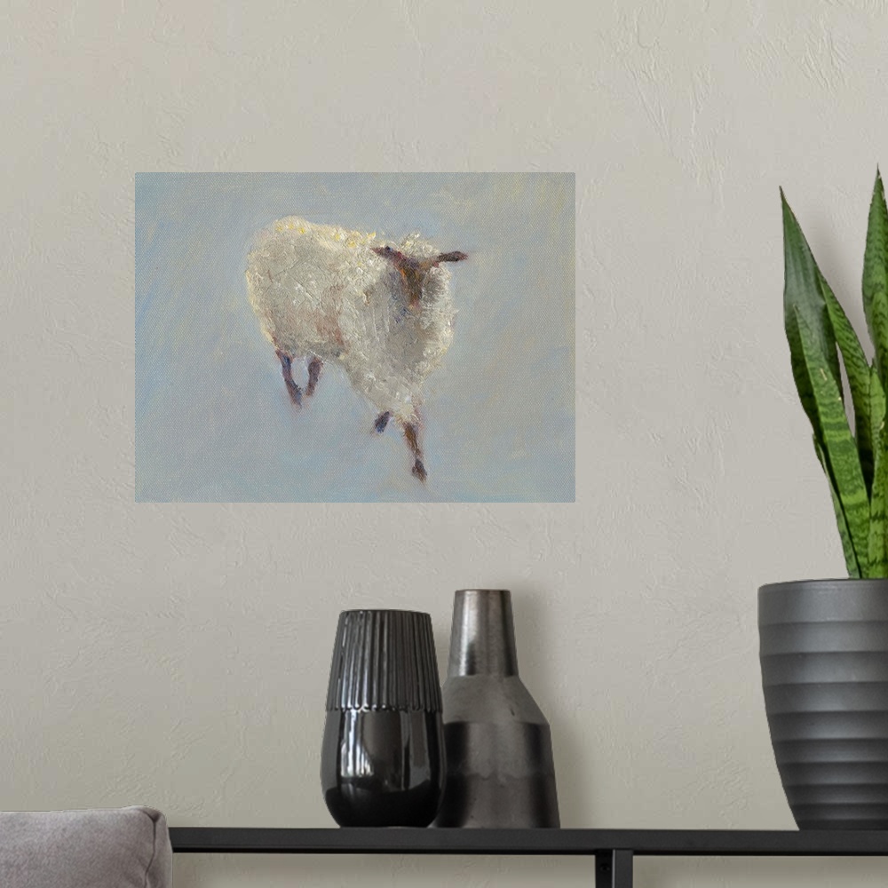 A modern room featuring A horizontal painting of a sheep in muted color tones.