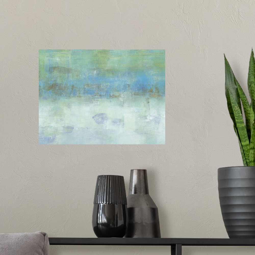 A modern room featuring Contemporary abstract painting using green and blue tones to create what looks like a blanket of ...