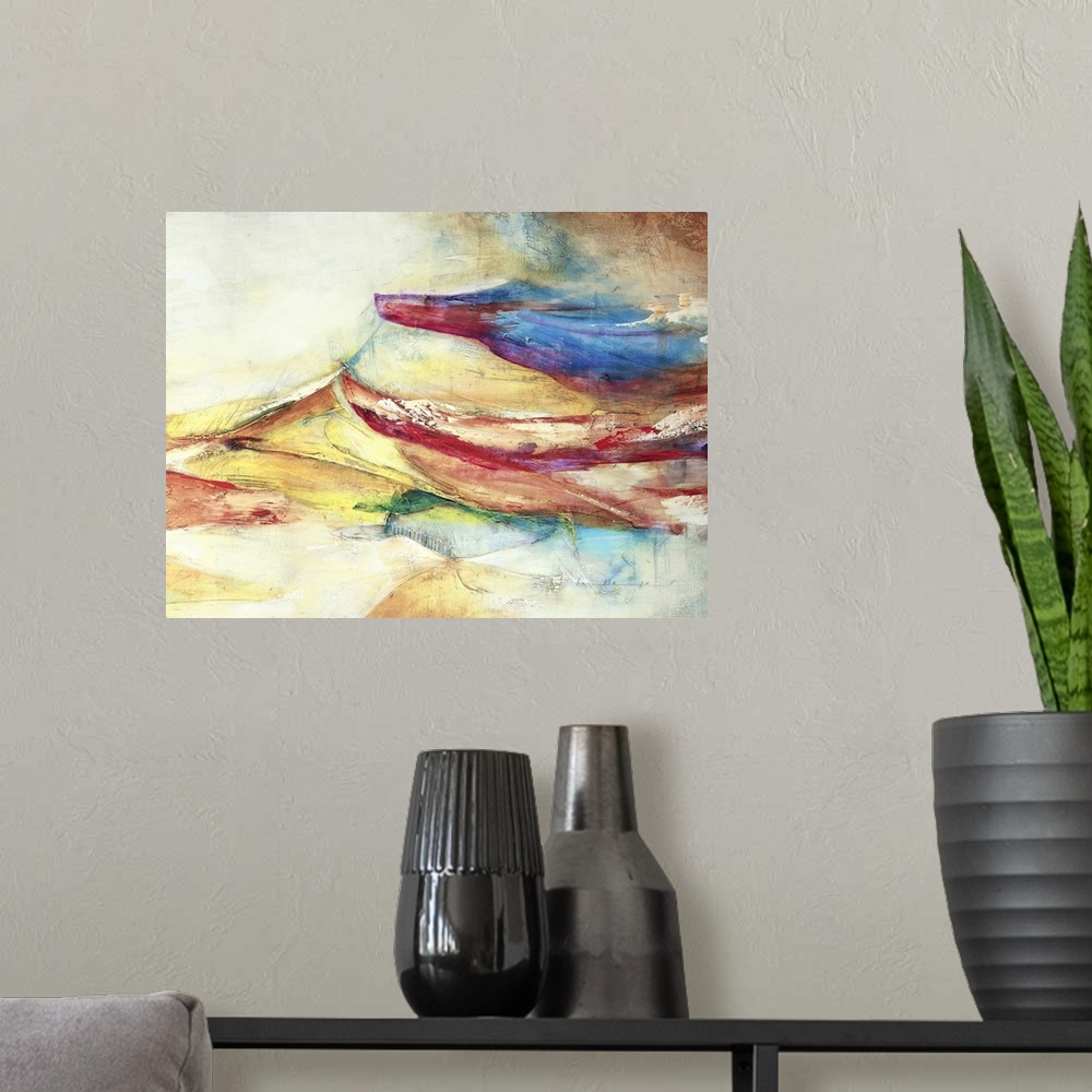 A modern room featuring Waves of bright color float across this artwork like currents in a sea with distressed texture th...