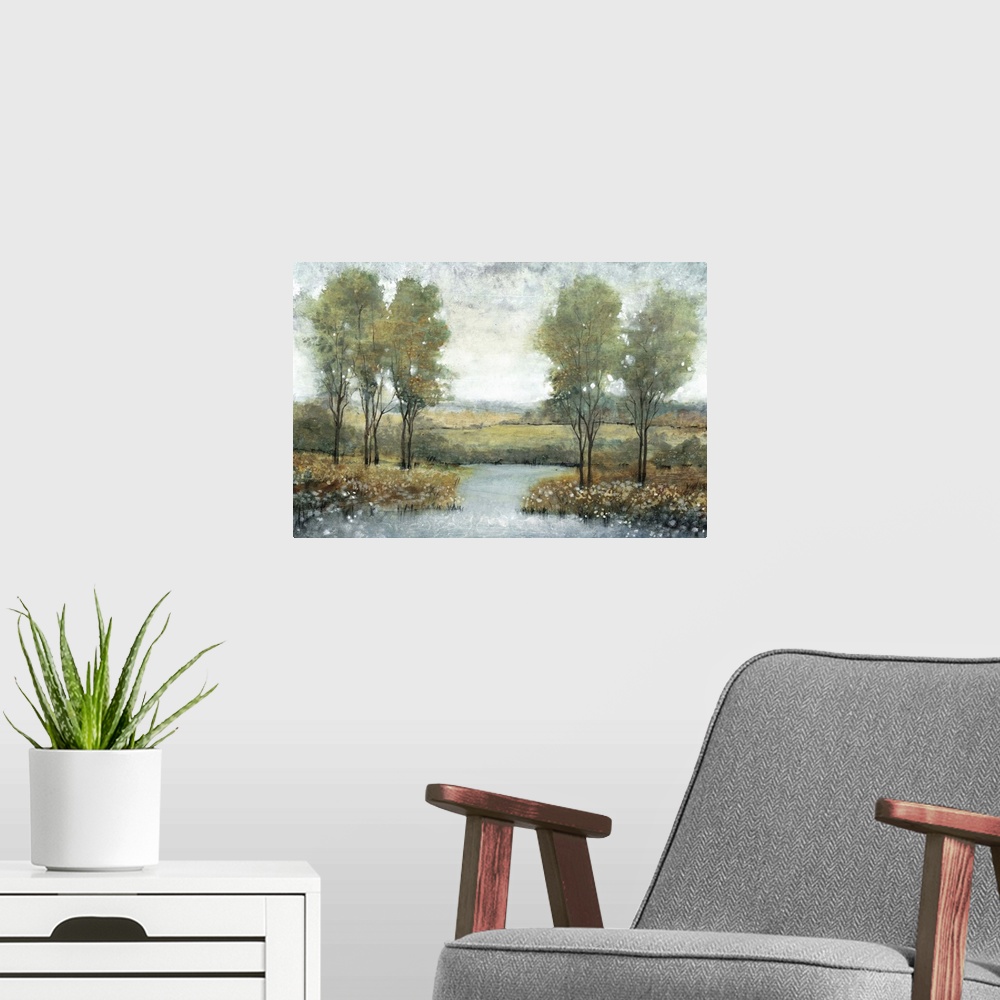 A modern room featuring Contemporary painting of trees in a meadow by a stream.