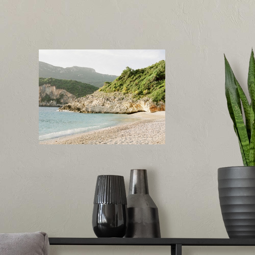 A modern room featuring Photograph of a rocky beach, Corfu, Greece.