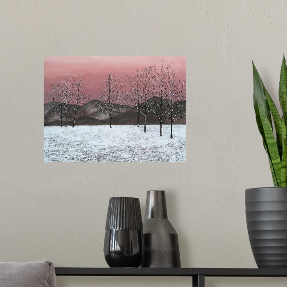 A modern room featuring Sunset Snowfall II