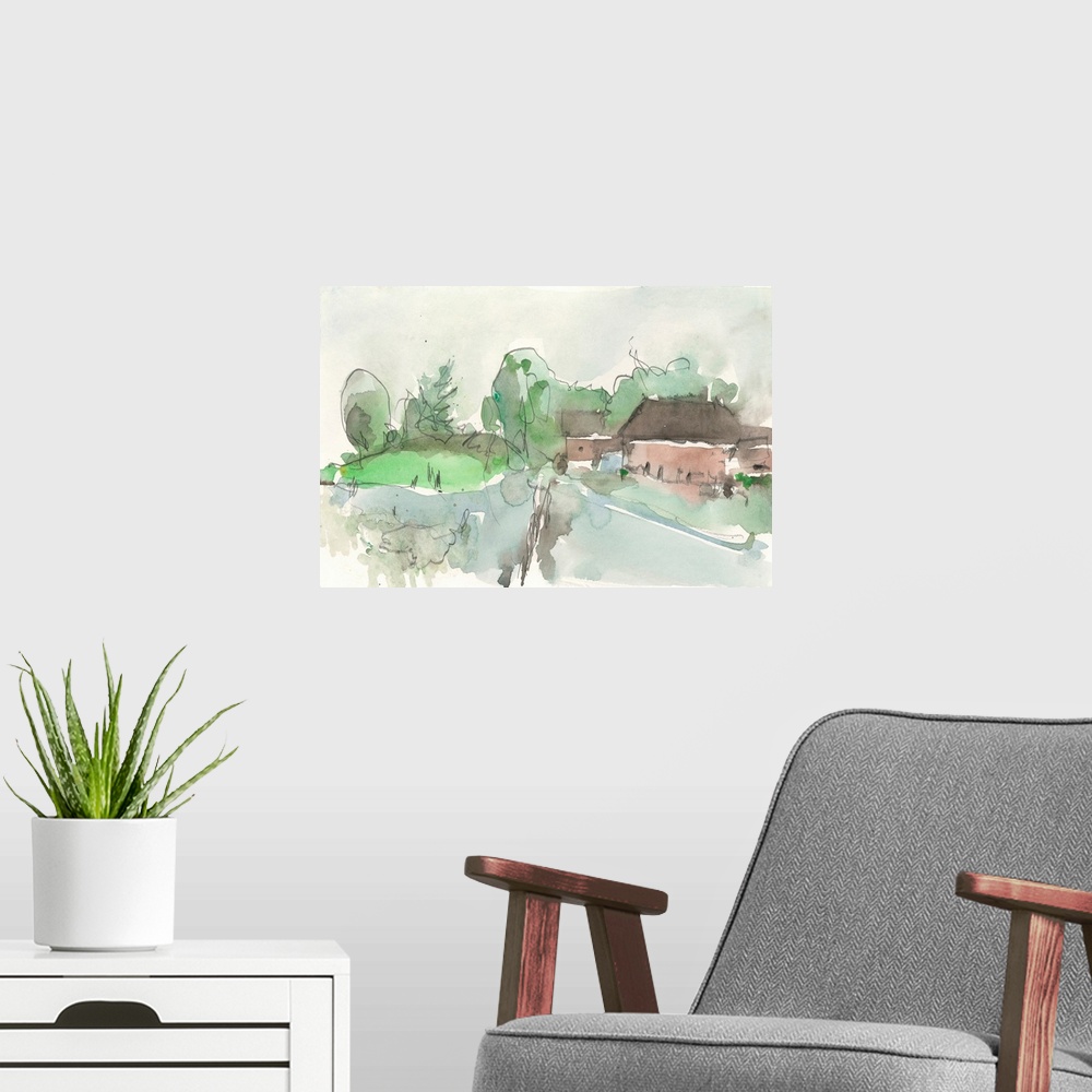 A modern room featuring The Landscape Background II