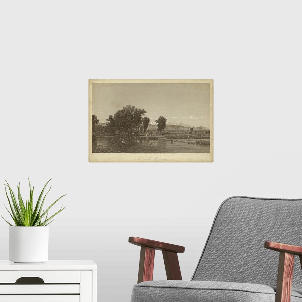 A modern room featuring Vintage artwork of a Native American village in sepia.