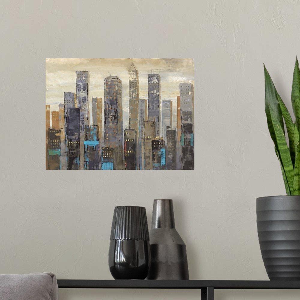 A modern room featuring Contemporary city skyline painting in dark tones.