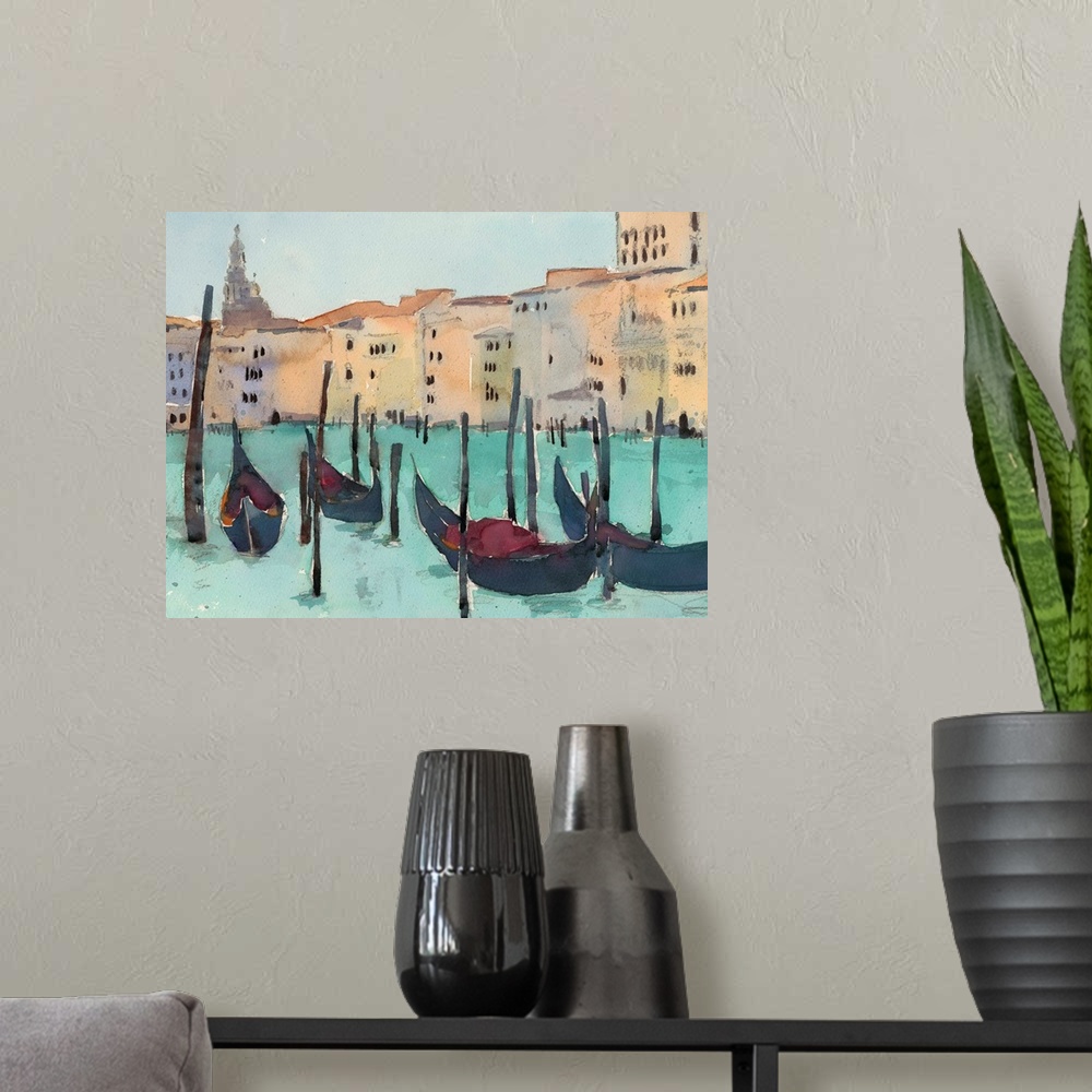 A modern room featuring Watercolor open air painting of gondolas on the canal waters in Venice, Italy.