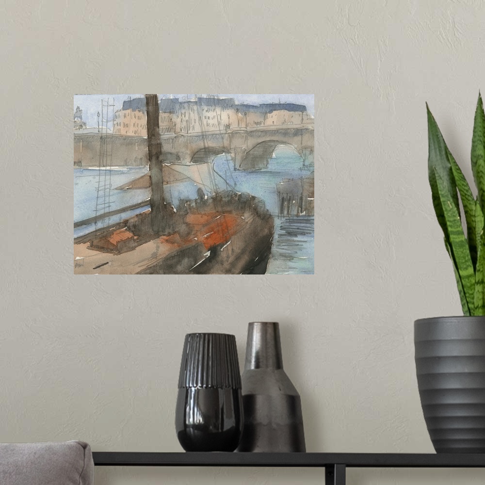 A modern room featuring Watercolor cityscape painting of a boat approaching a bridge in Venice.