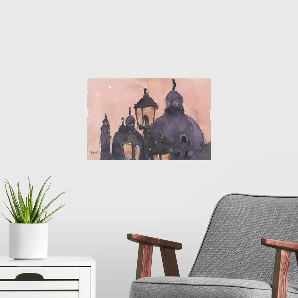 A modern room featuring Watercolor art print of lamp posts and the domes of buildings at sunset in Venice, Italy.