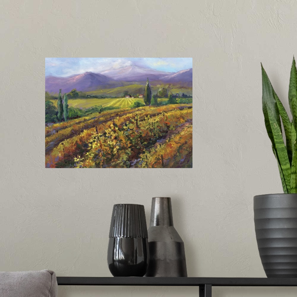 A modern room featuring Vineyard Tapestry I