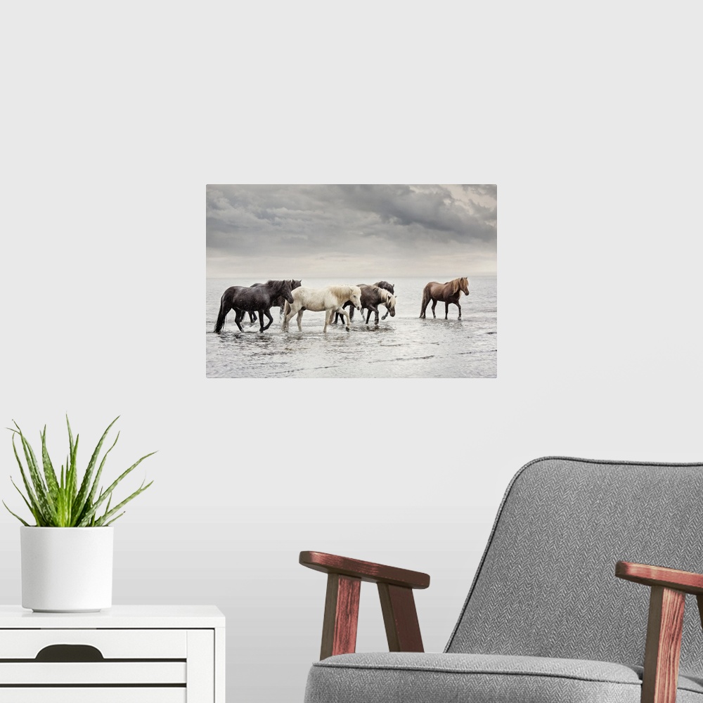 A modern room featuring Water Horses IV