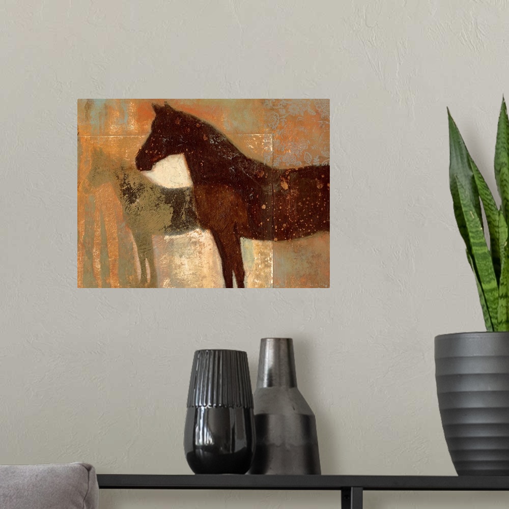 A modern room featuring Contemporary painting of horse silhouettes covered in paint splatters with floral design in one c...