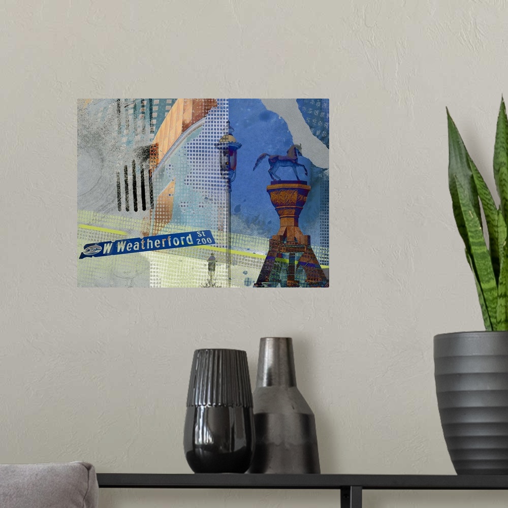A modern room featuring Contemporary collage style artwork using bright colors.