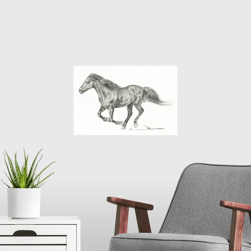 A modern room featuring Black and white drawing of a running horse on a white background.
