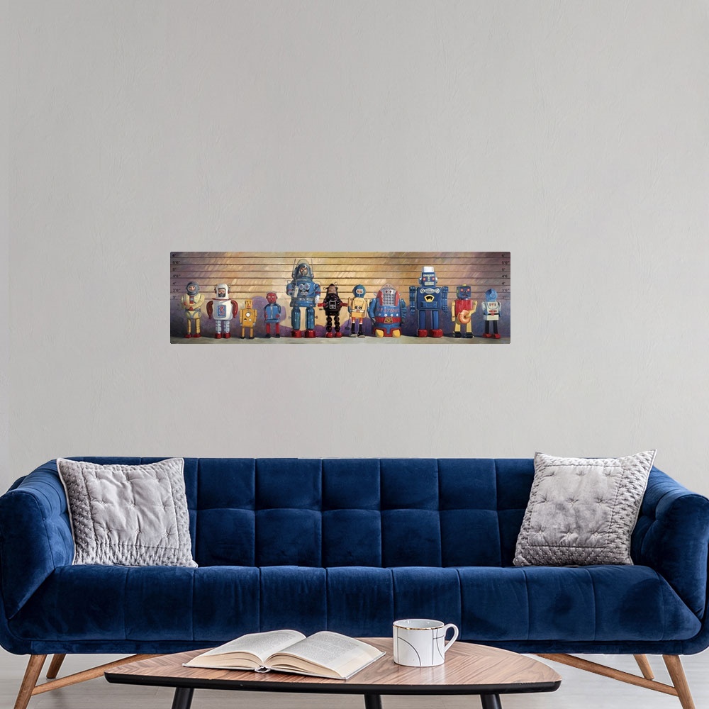 A modern room featuring A contemporary painting of a police line-up of retro toy robots some of which eating donuts.