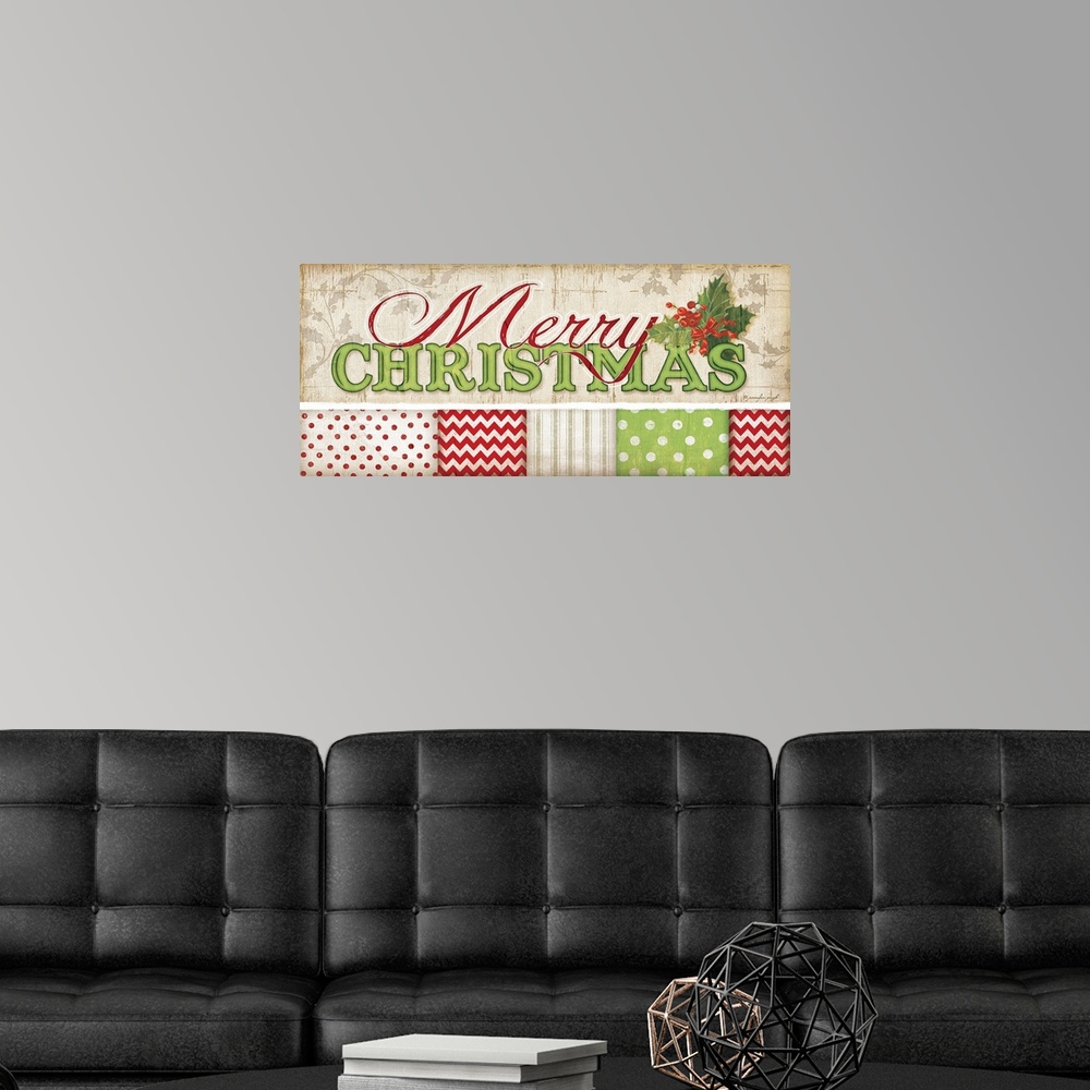 A modern room featuring Colorful holiday sentiments against a patterned background.