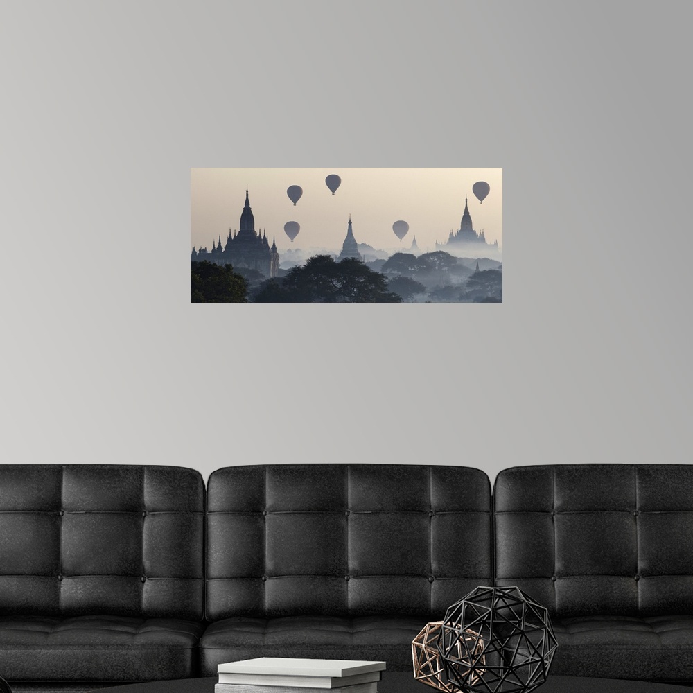 A modern room featuring Myanmar, Mandalay, Bagan, Hot air balloons flying over the Buddhist temples in the plain of Bagan.