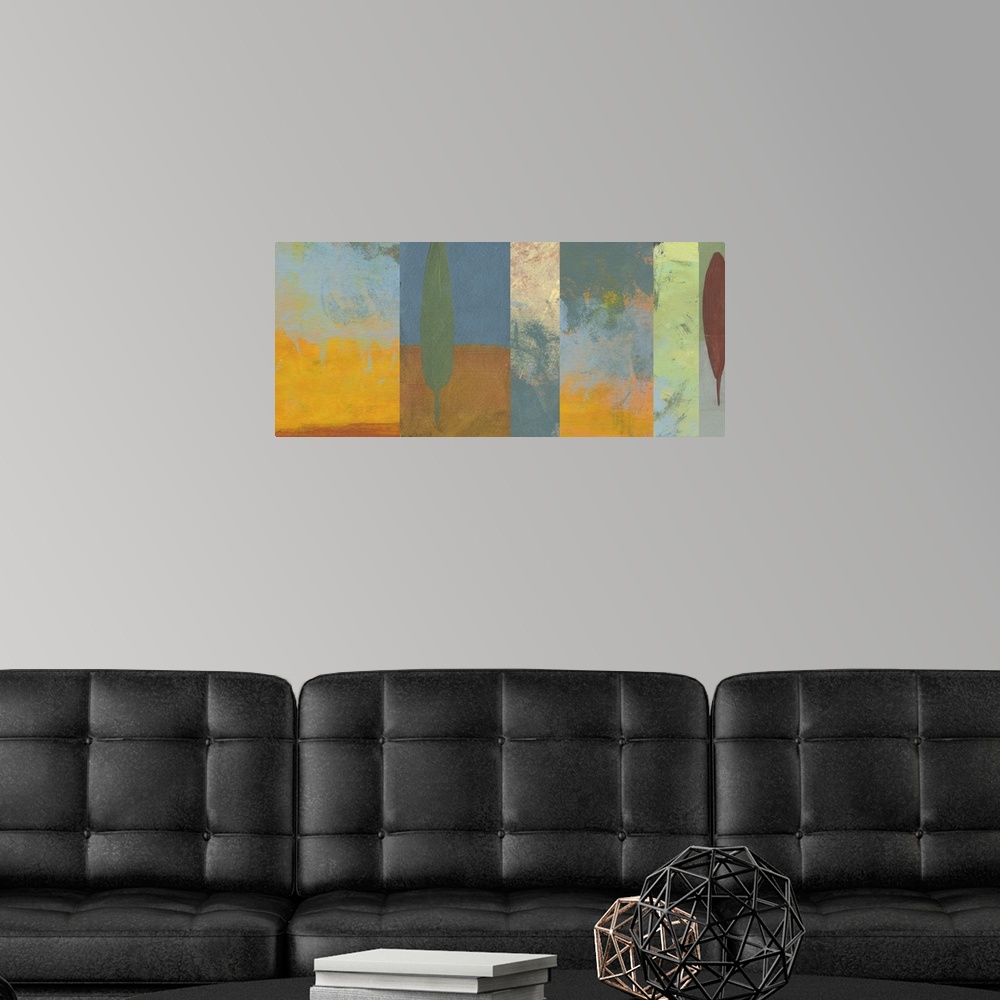 A modern room featuring Big, horizontal  art on a large canvas of a Tuscan inspired image from many small paintings woven...