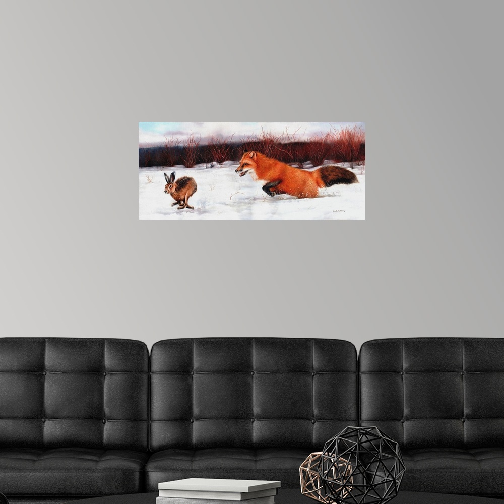 A modern room featuring Oil painting of a Fox chasing a Hare.